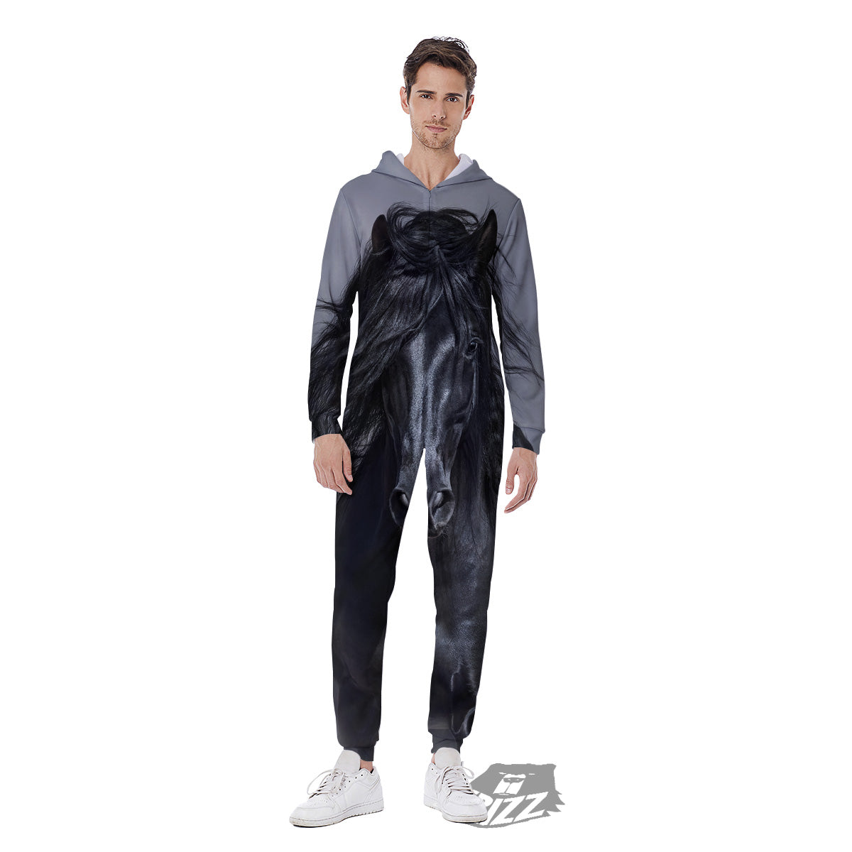 Horse Black Stallion Print Men's Jumpsuit-grizzshop