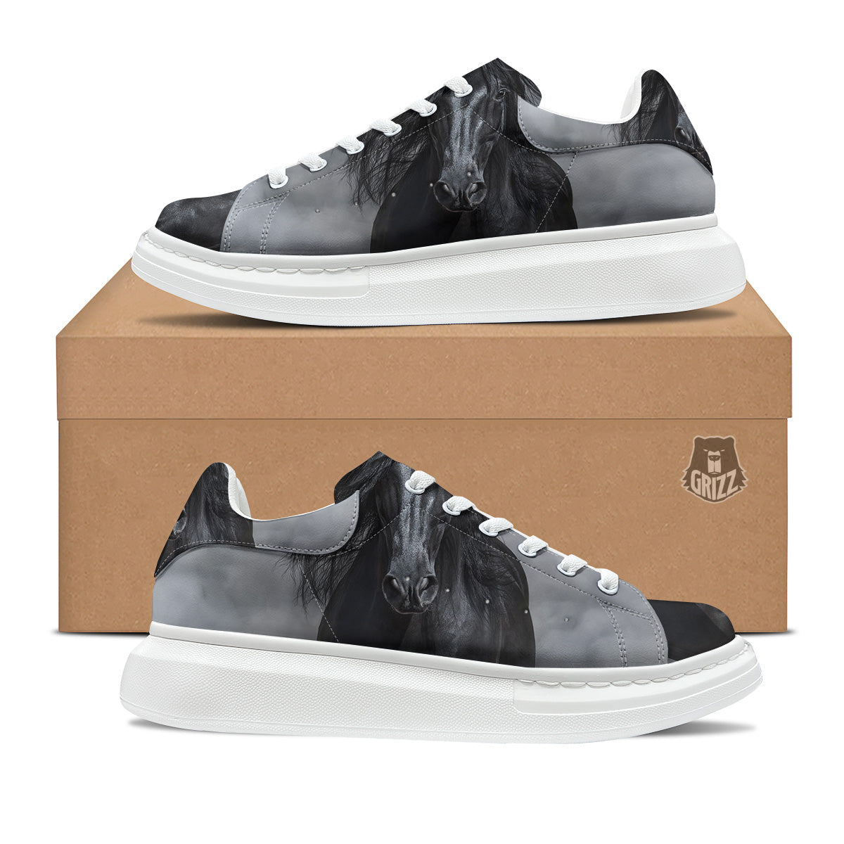 Horse Black Stallion Print Platform Shoes-grizzshop