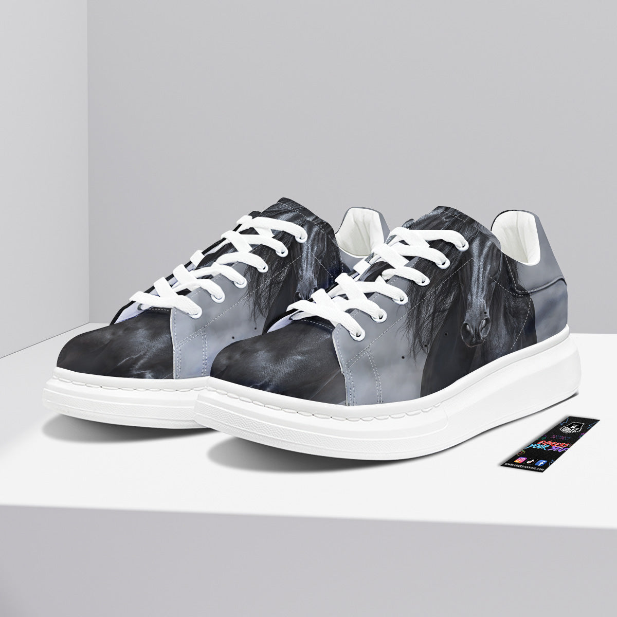Horse Black Stallion Print Platform Shoes-grizzshop
