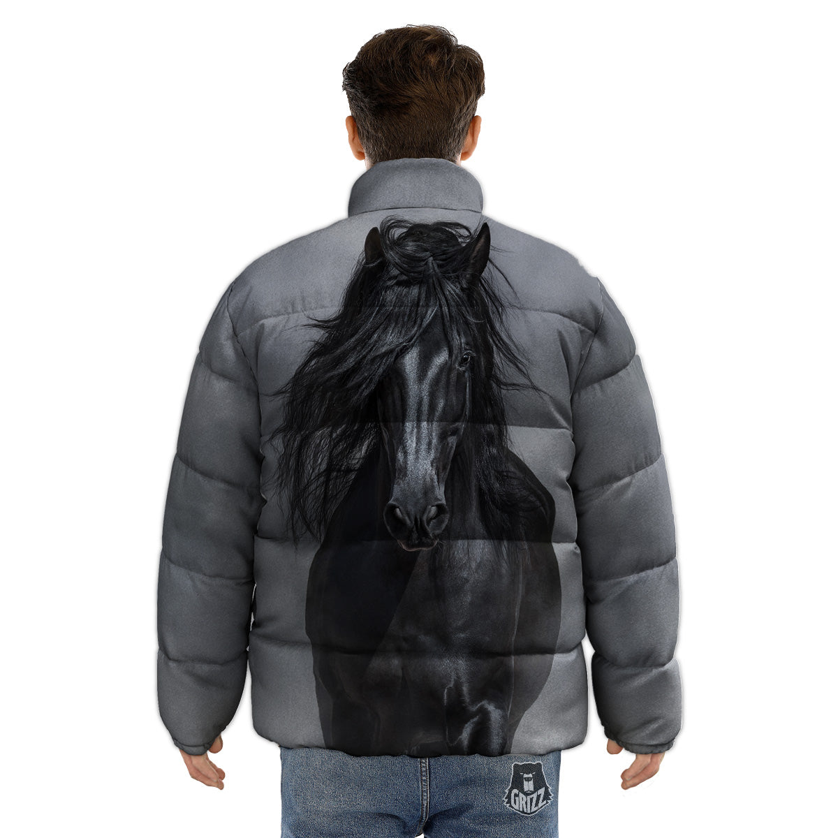 Horse Black Stallion Print Puffer Jacket-grizzshop