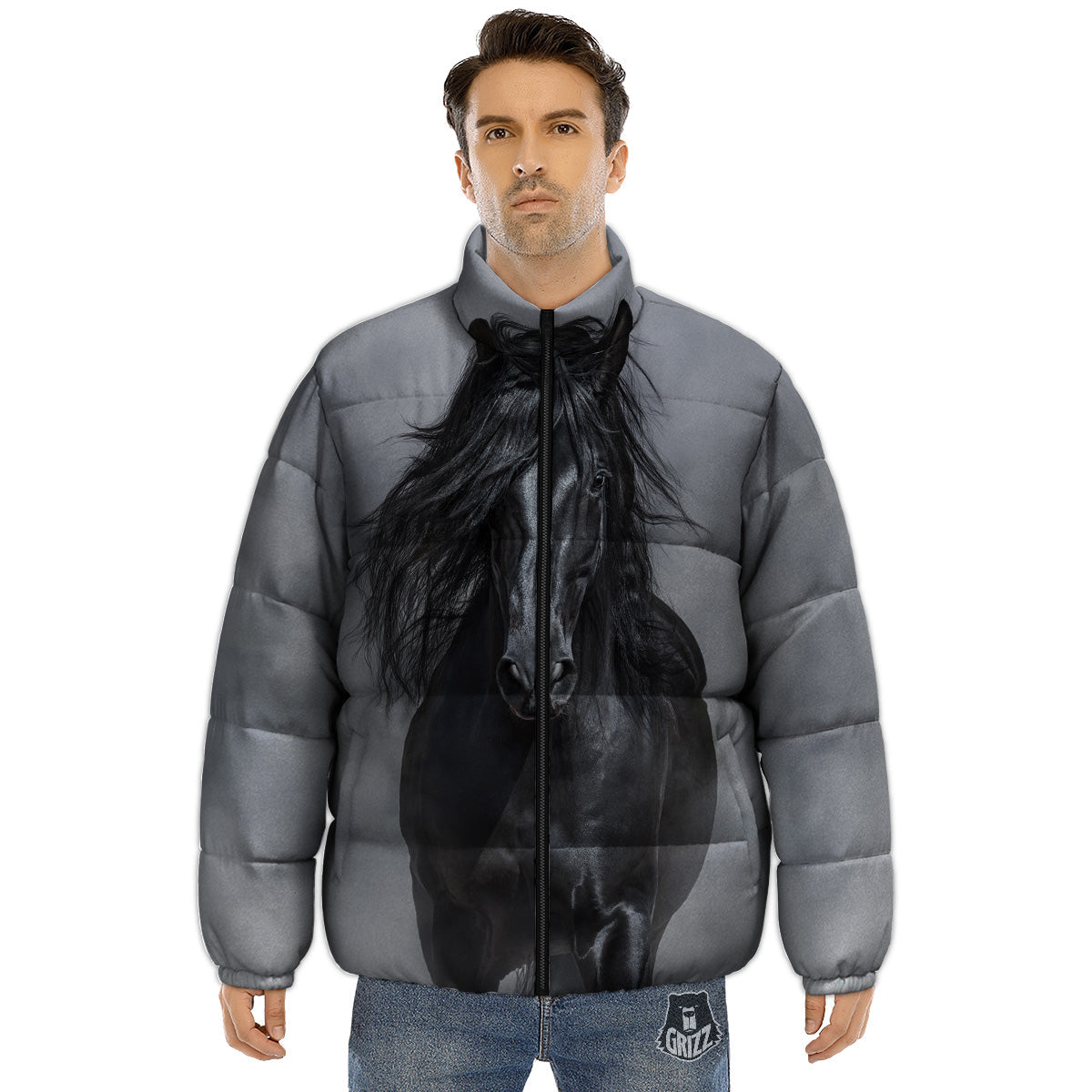 Horse Black Stallion Print Puffer Jacket-grizzshop