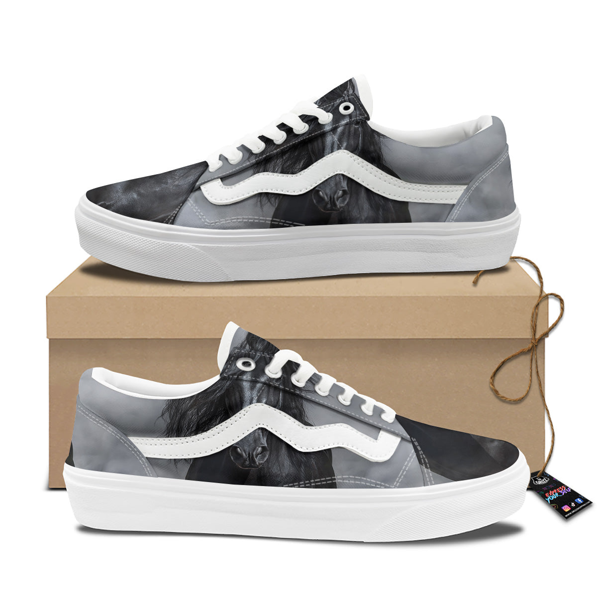 Horse Black Stallion Print Skate Shoes-grizzshop