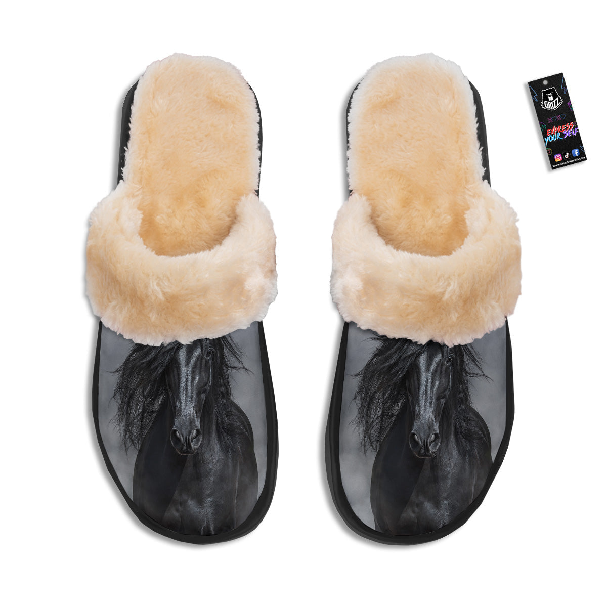 Horse Black Stallion Print Slippers-grizzshop