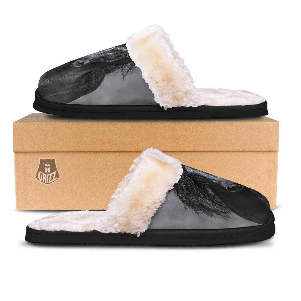 Horse Black Stallion Print Slippers-grizzshop