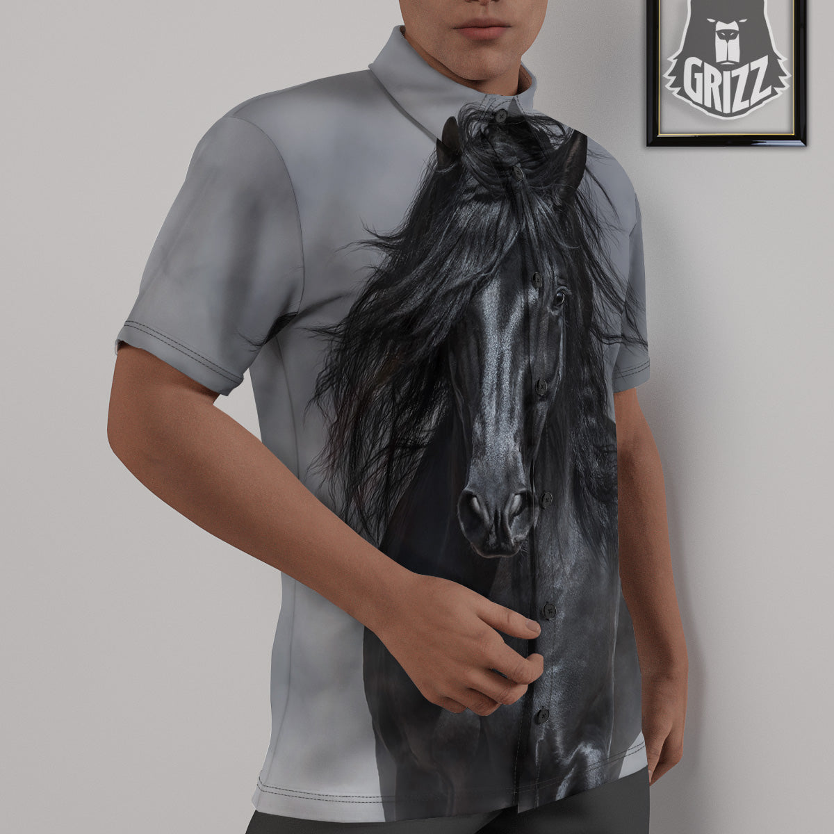 Horse Black Stallion Print Untucked Shirts-grizzshop