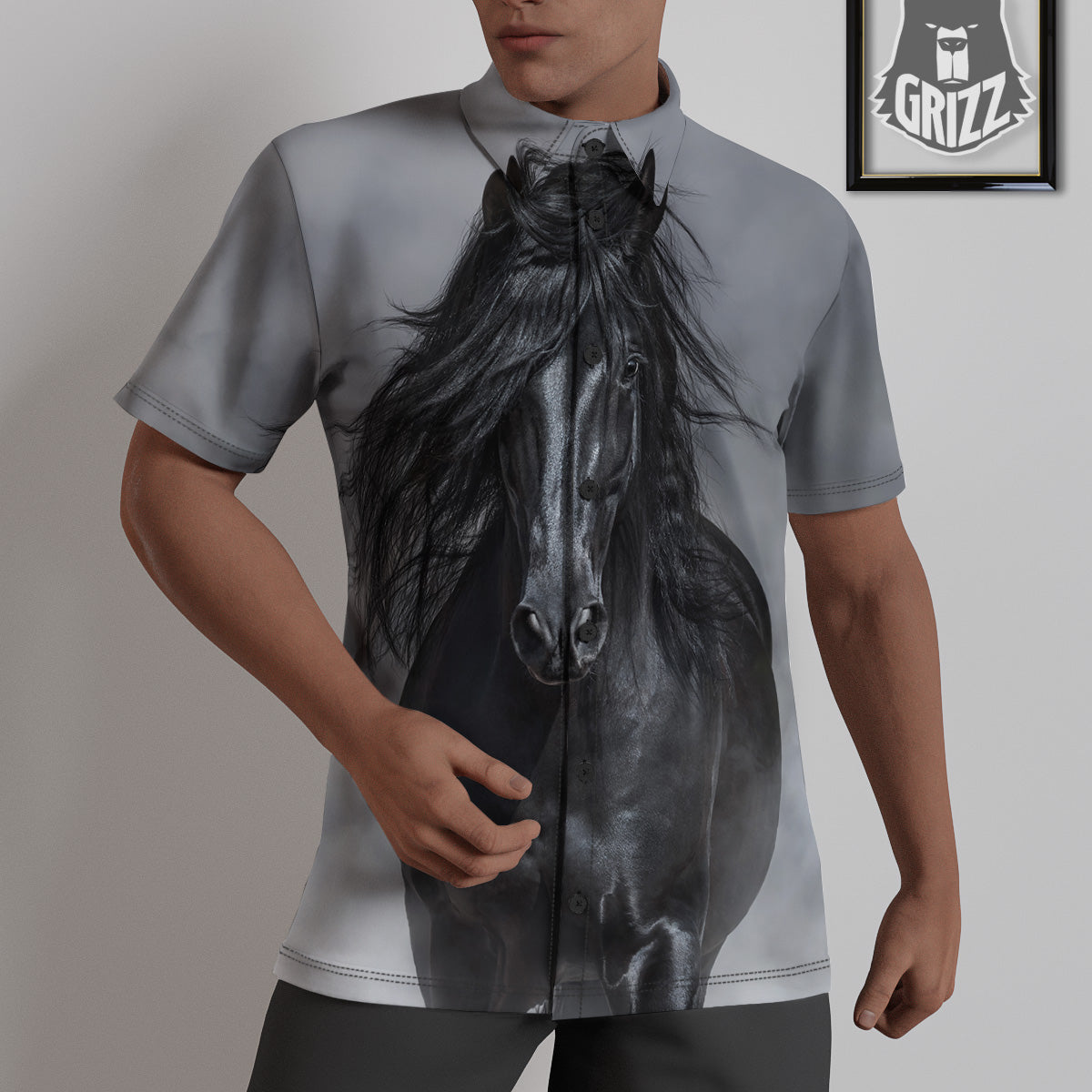 Horse Black Stallion Print Untucked Shirts-grizzshop