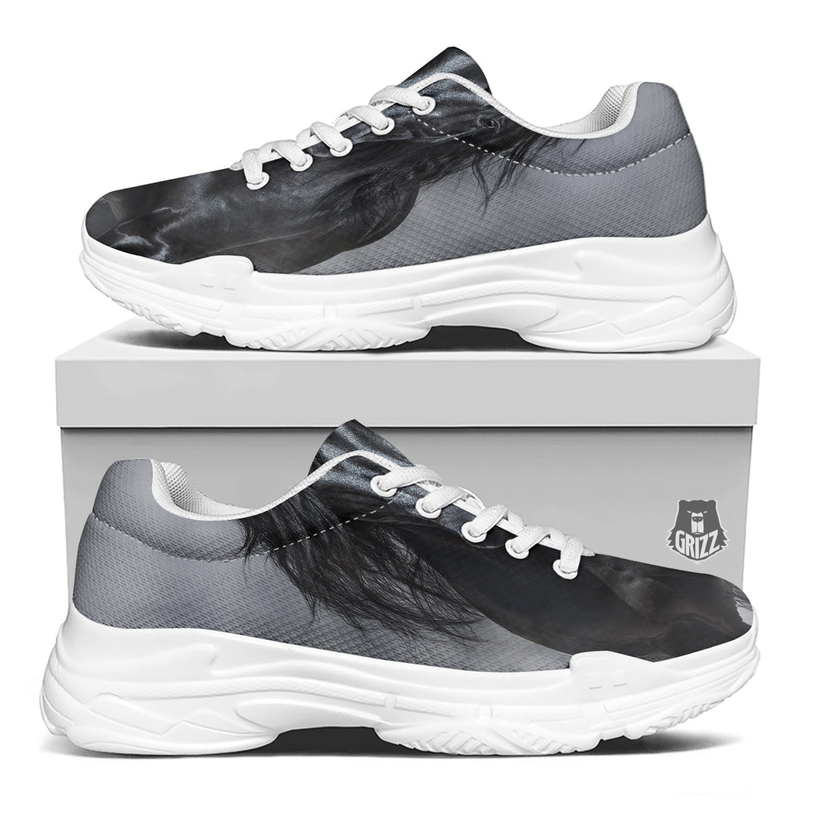Horse Black Stallion Print White Chunky Shoes-grizzshop