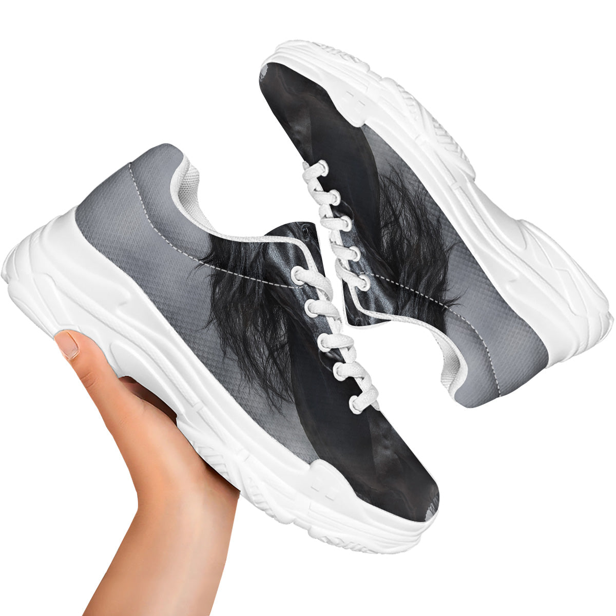 Horse Black Stallion Print White Chunky Shoes-grizzshop