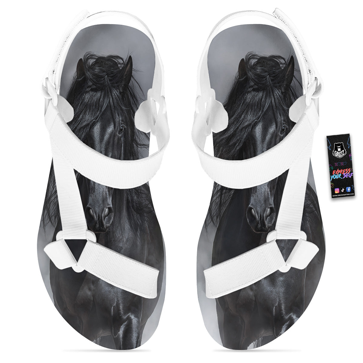 Horse Black Stallion Print White Open Toe Sandals-grizzshop