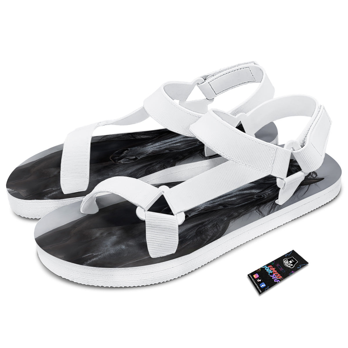 Horse Black Stallion Print White Open Toe Sandals-grizzshop