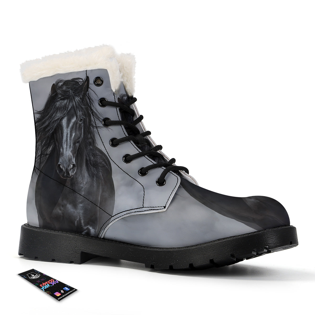 Horse Black Stallion Print Winter Boots-grizzshop