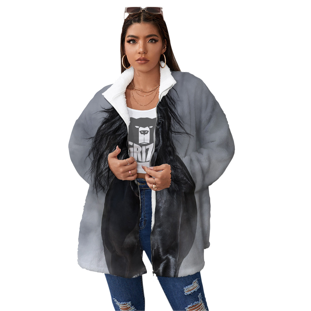 Horse Black Stallion Print Women's Sherpa Jacket-grizzshop