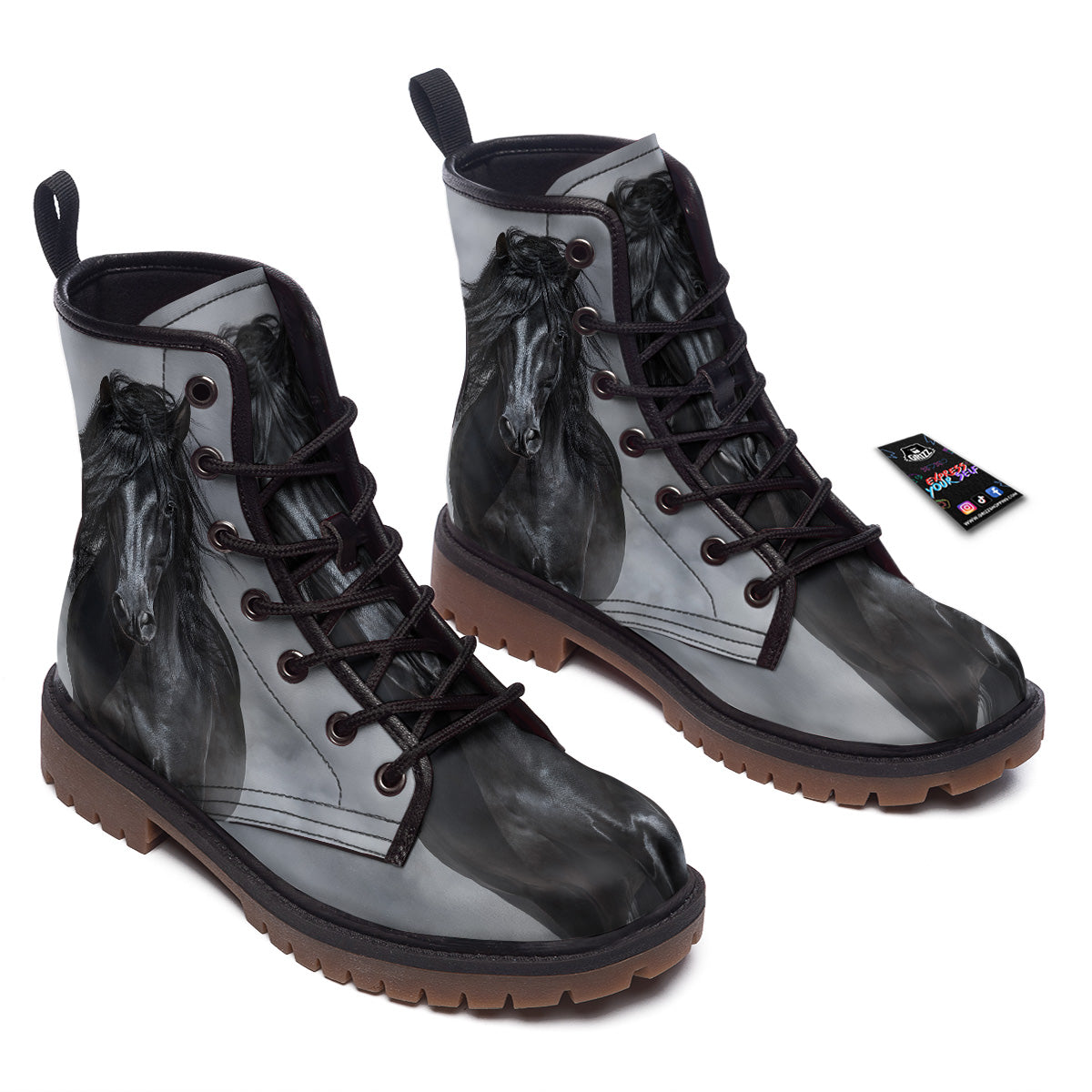 Horse Black Stallion Print Work Boots-grizzshop