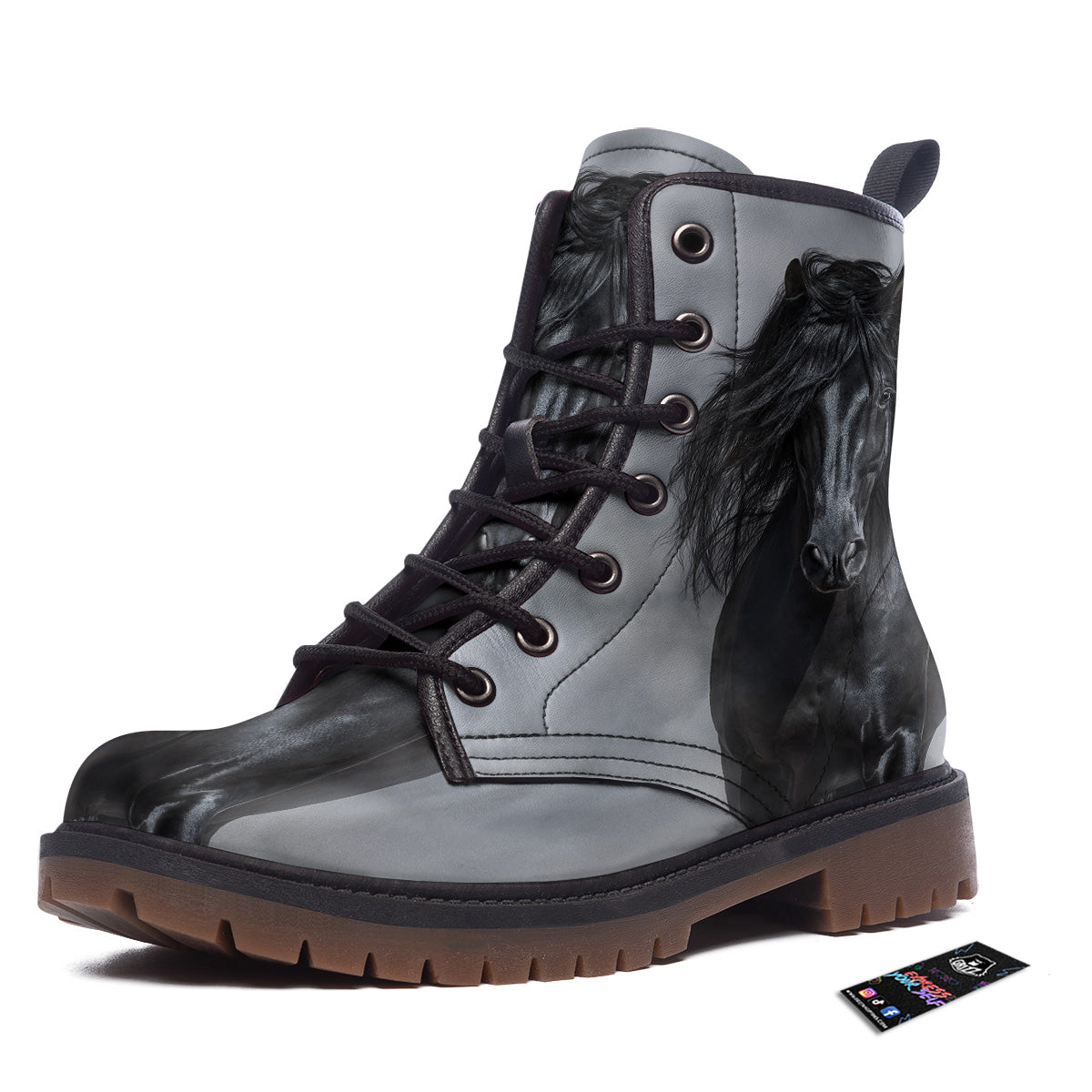 Horse Black Stallion Print Work Boots-grizzshop