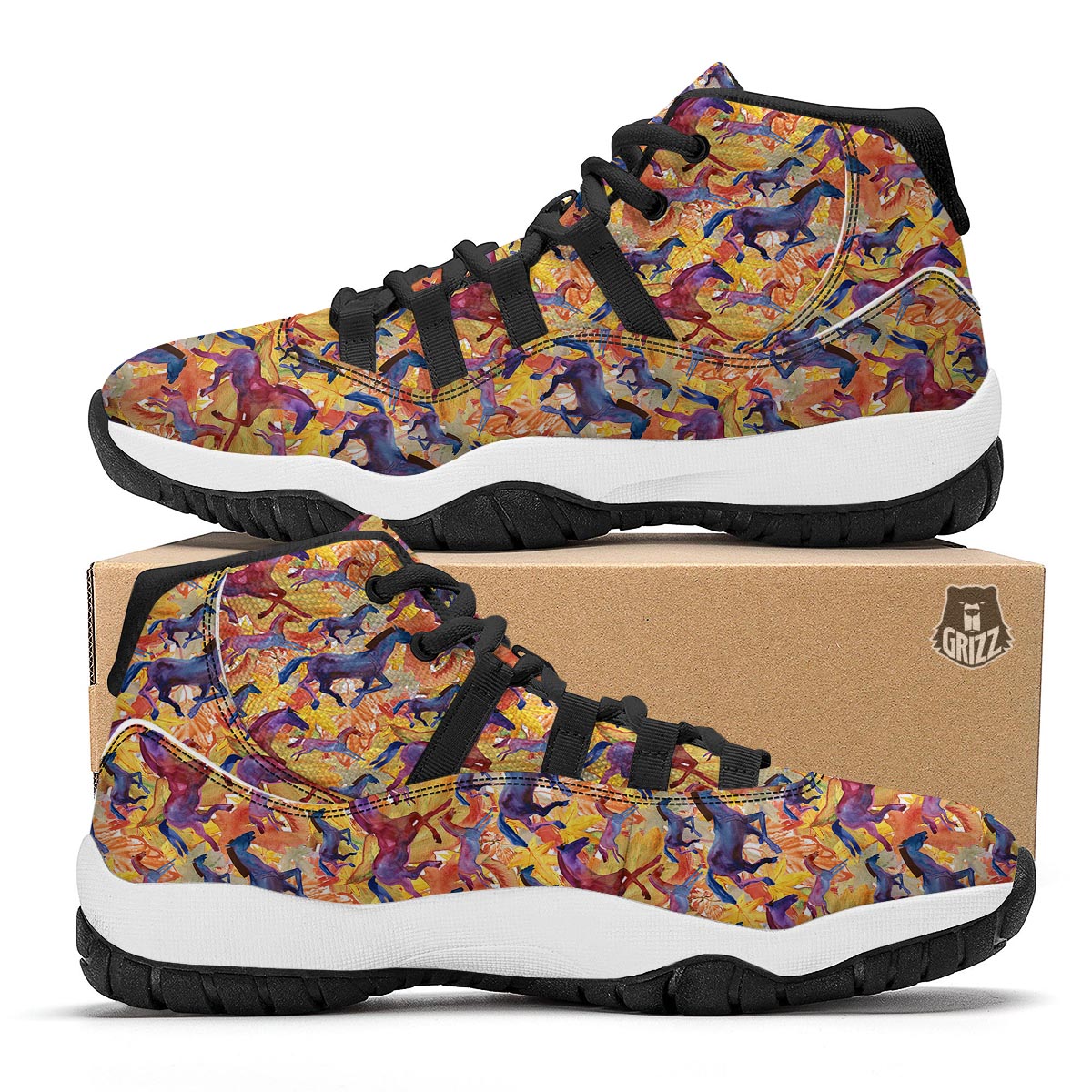 Horse Hand Drawn Pattern Print Black Bball Shoes-grizzshop