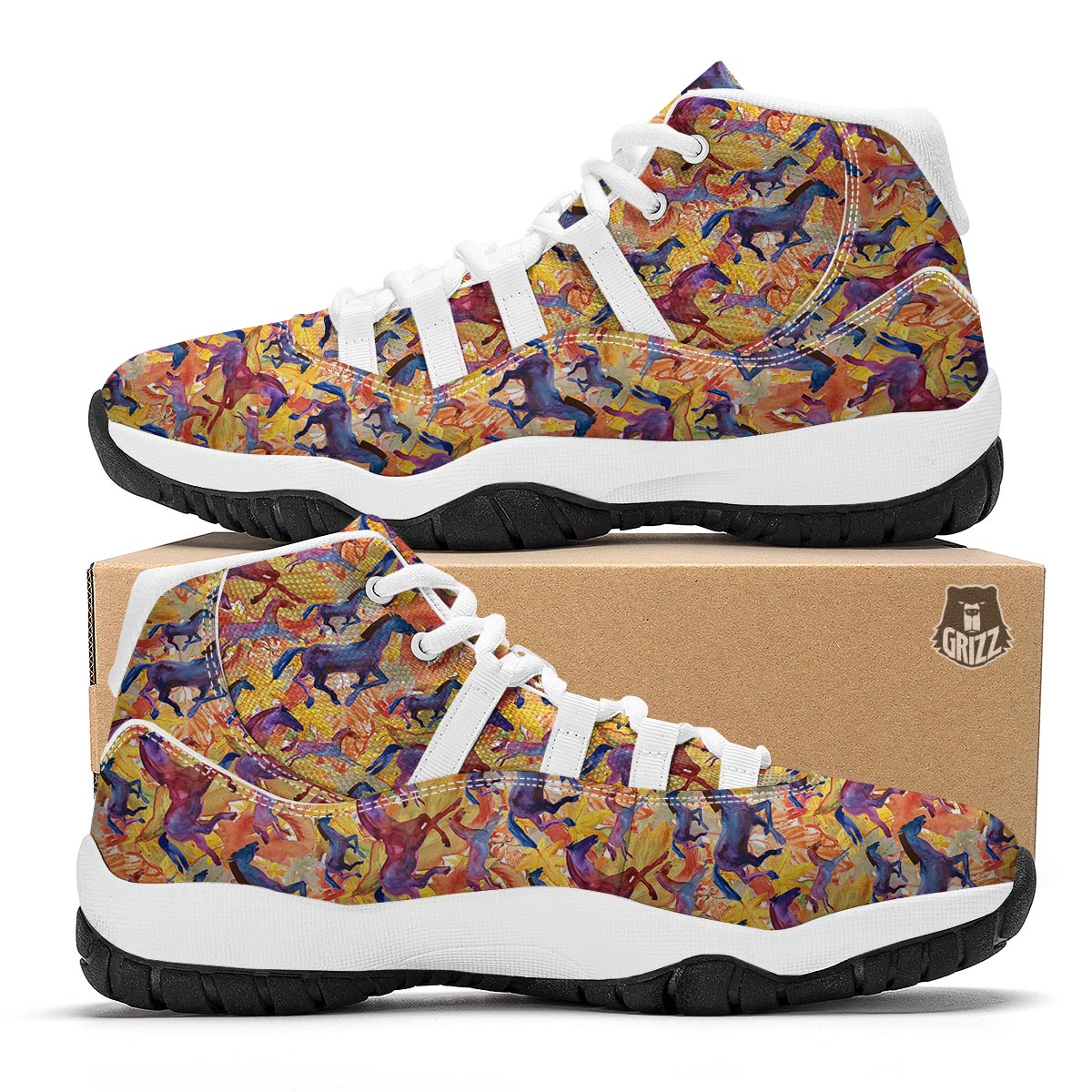 Horse Hand Drawn Pattern Print White Bball Shoes-grizzshop