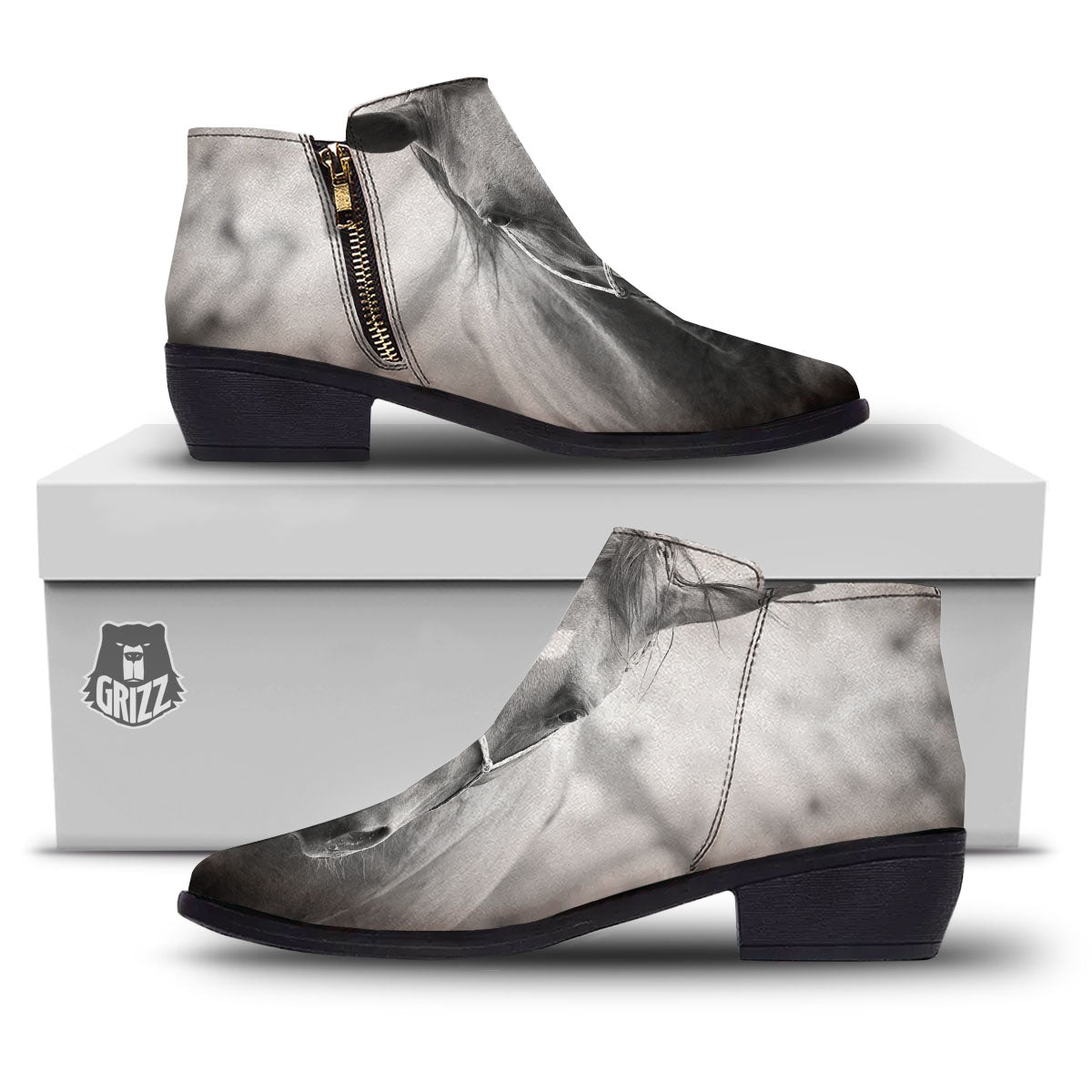 Horse Monochrome Print Ankle Boots-grizzshop