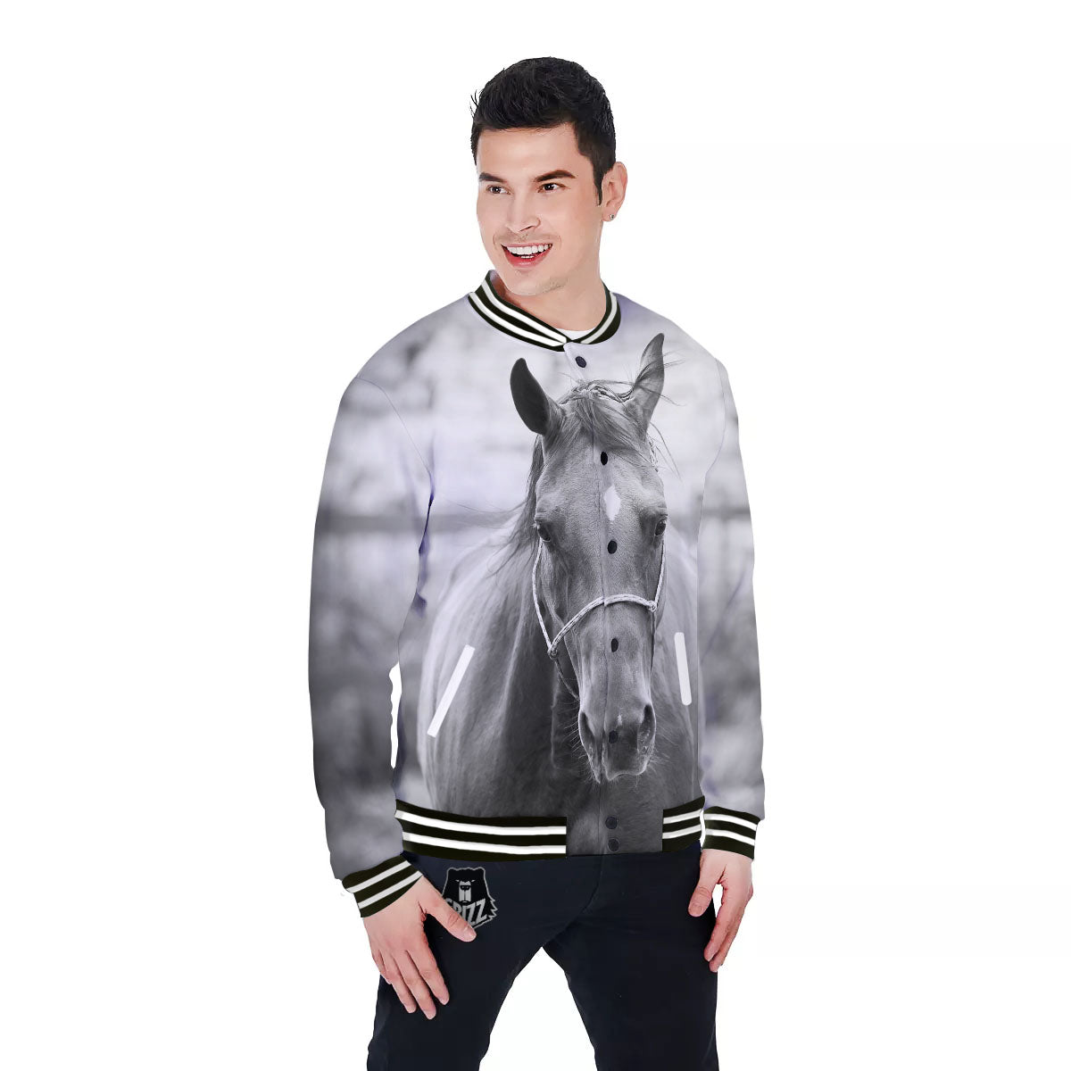Horse Monochrome Print Baseball Jacket-grizzshop