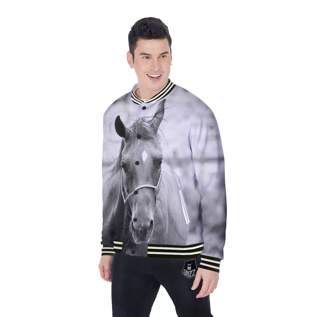Horse Monochrome Print Baseball Jacket-grizzshop
