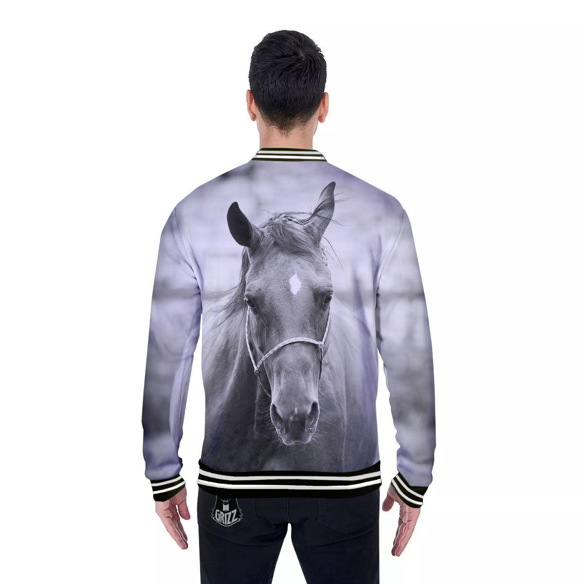 Horse Monochrome Print Baseball Jacket-grizzshop