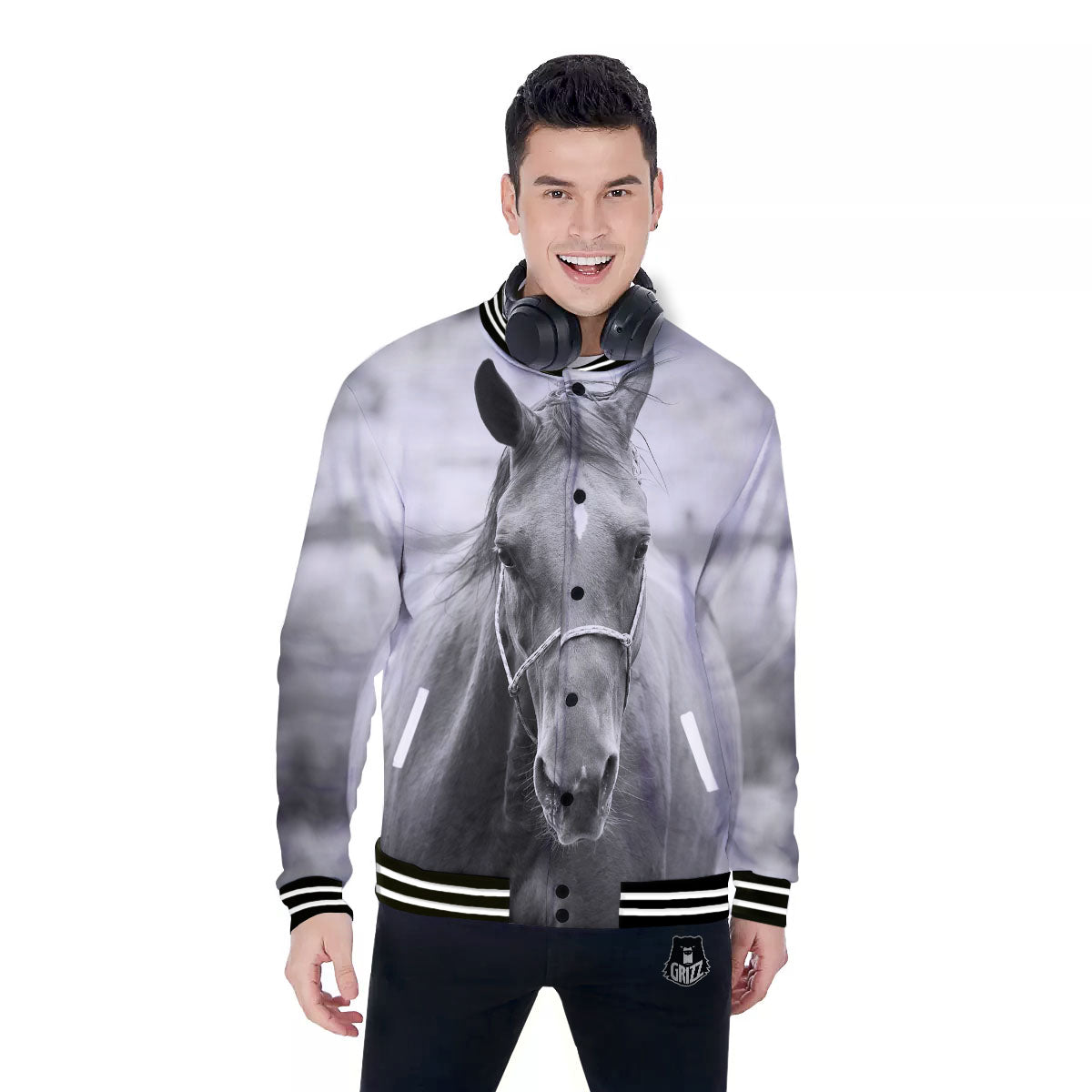 Horse Monochrome Print Baseball Jacket-grizzshop