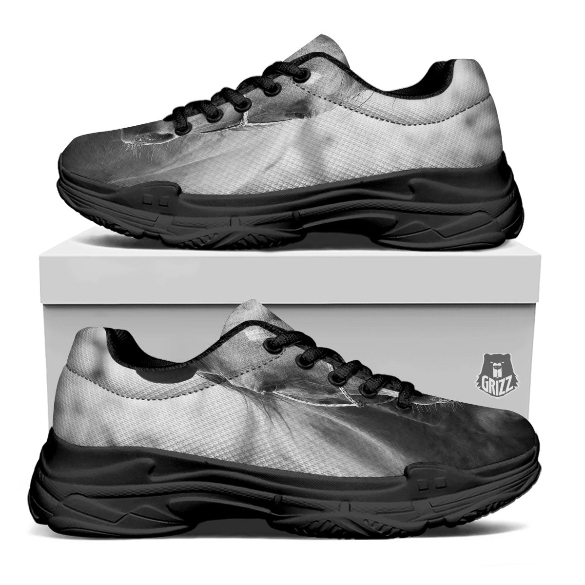 Horse Monochrome Print Black Chunky Shoes-grizzshop
