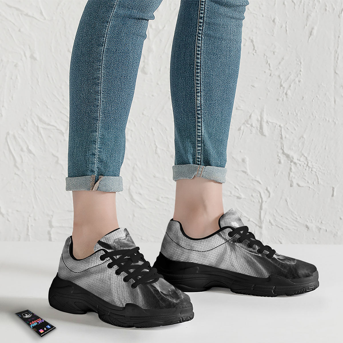 Horse Monochrome Print Black Chunky Shoes-grizzshop