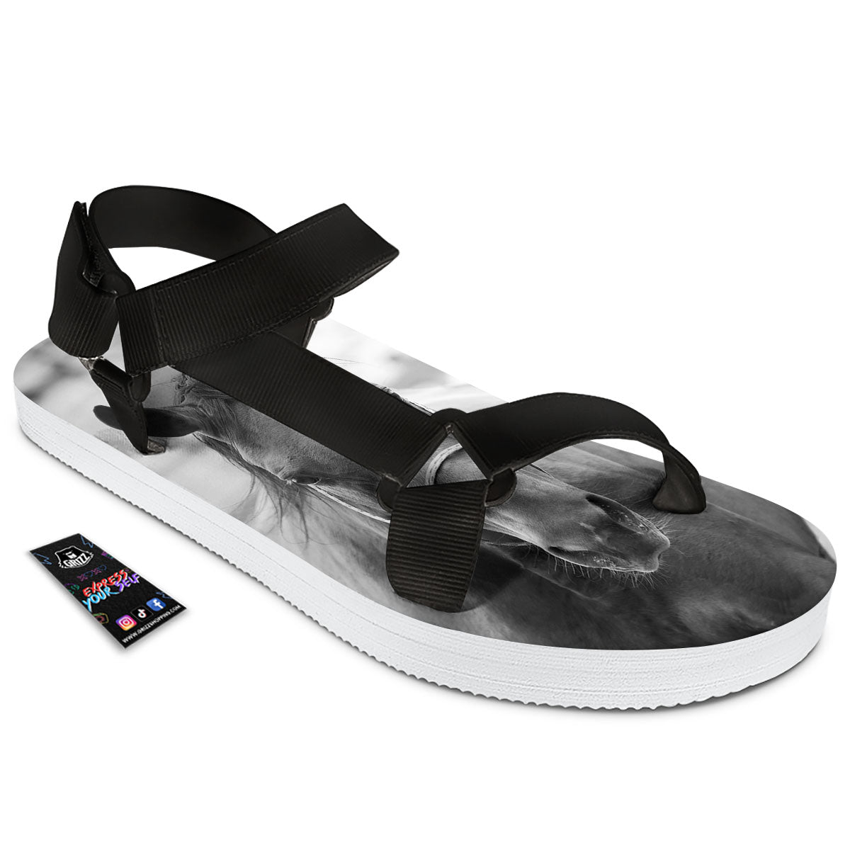 Horse Monochrome Print Black Open Toe Sandals-grizzshop