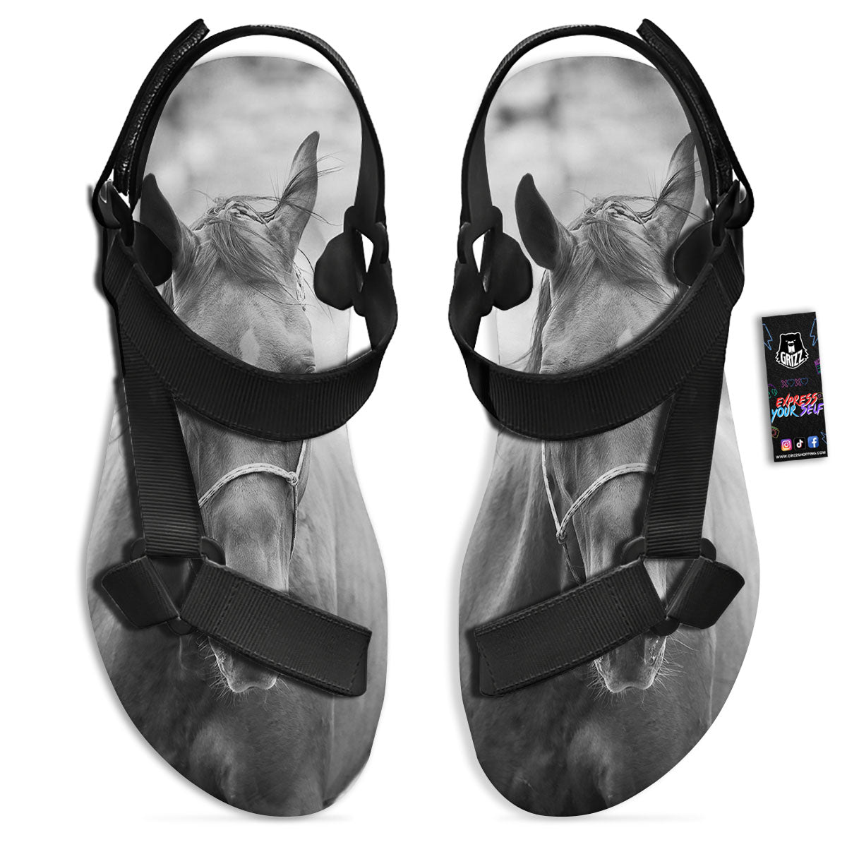 Horse Monochrome Print Black Open Toe Sandals-grizzshop