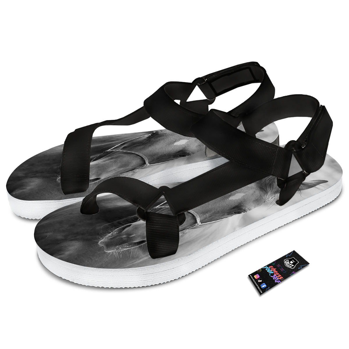 Horse Monochrome Print Black Open Toe Sandals-grizzshop