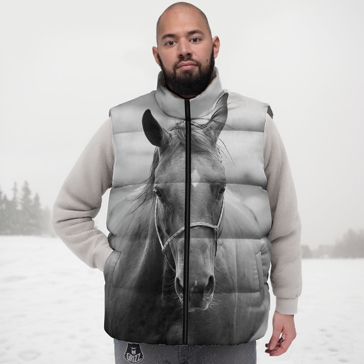 Horse Monochrome Print Down Vest