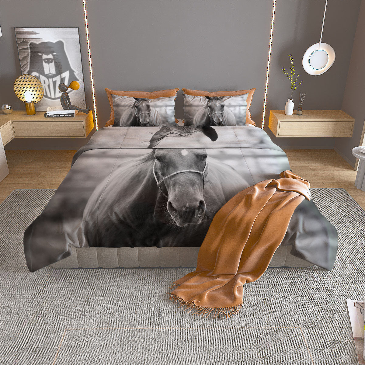 Horse Monochrome Print Duvet Cover Bedding Set