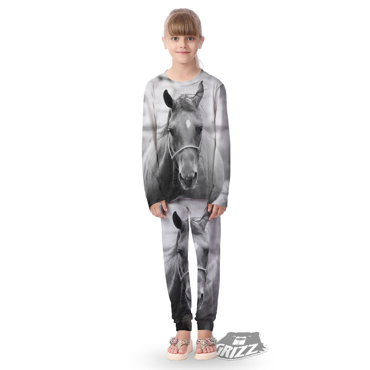 Horse Monochrome Print Kid's Pajamas-grizzshop