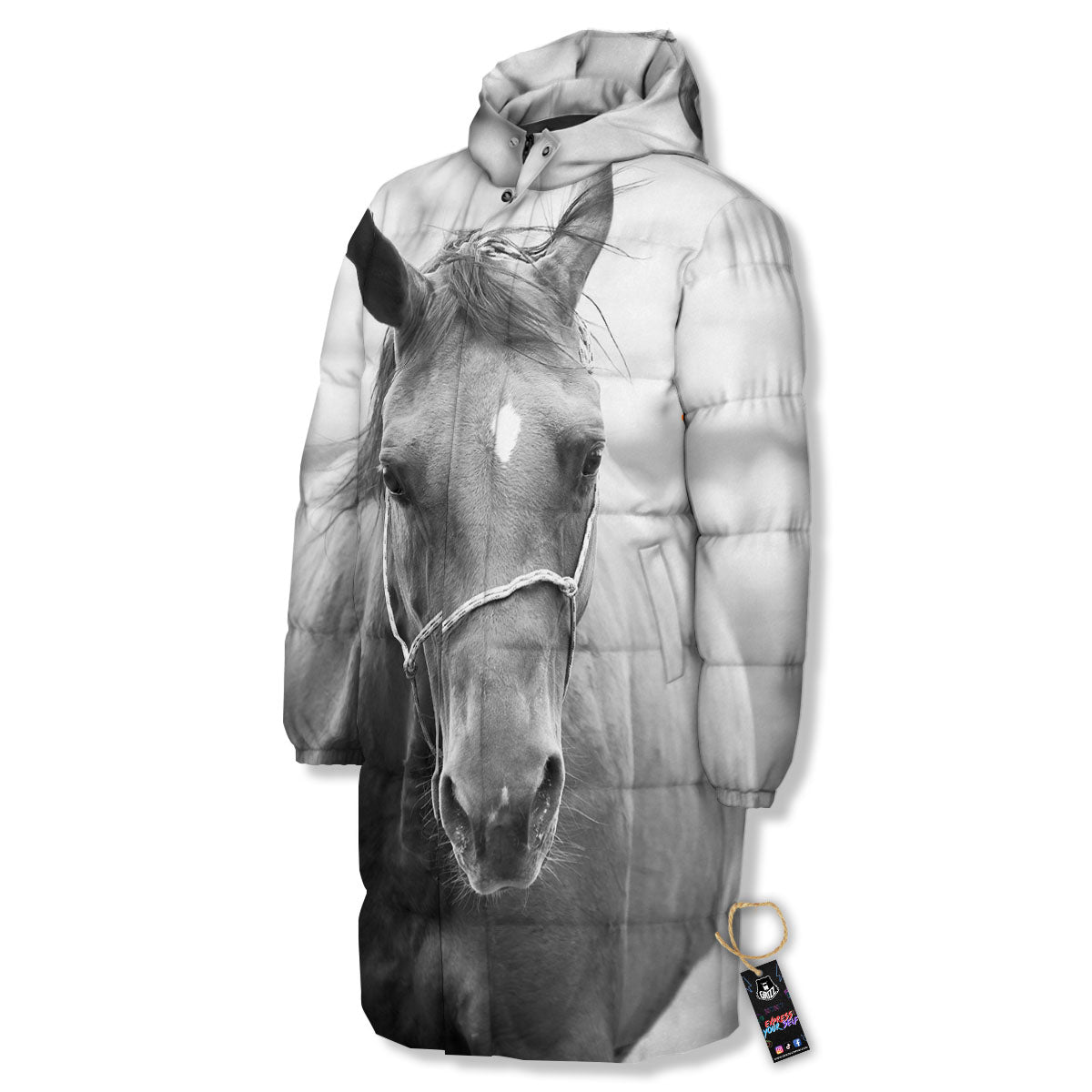 Horse Monochrome Print Long Down Jacket-grizzshop