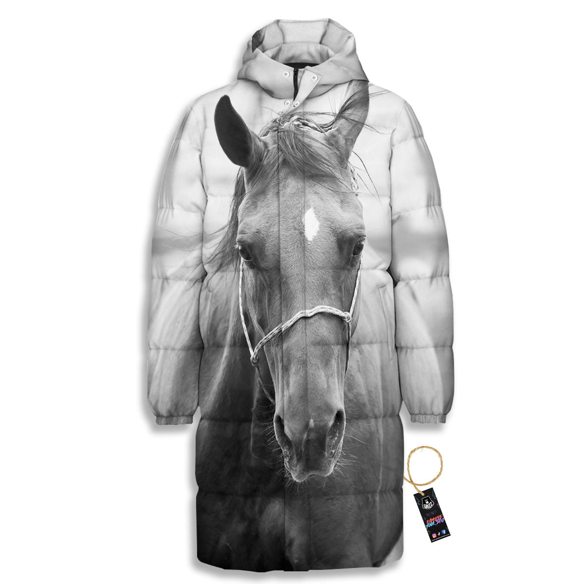 Horse Monochrome Print Long Down Jacket-grizzshop