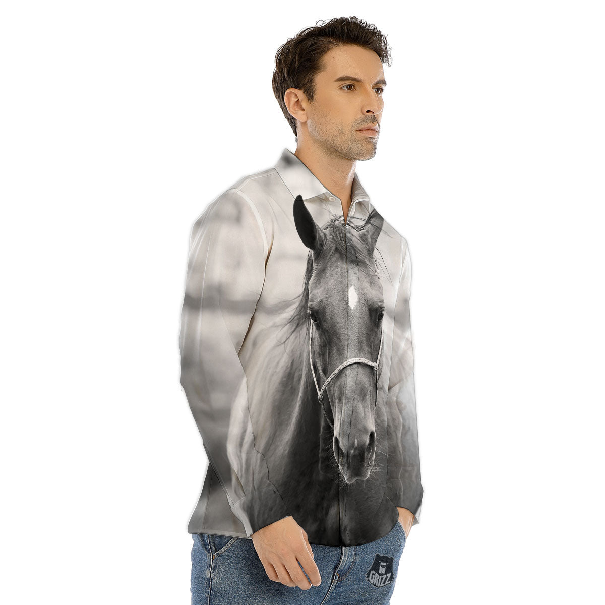 Horse Monochrome Print Men's Dress Shirts-grizzshop