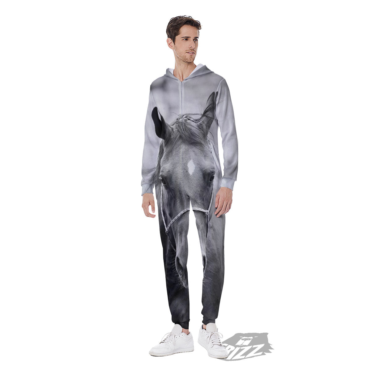 Horse Monochrome Print Men's Jumpsuit-grizzshop