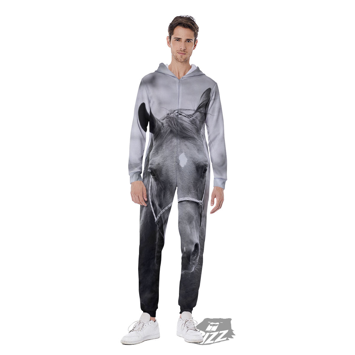 Horse Monochrome Print Men's Jumpsuit-grizzshop