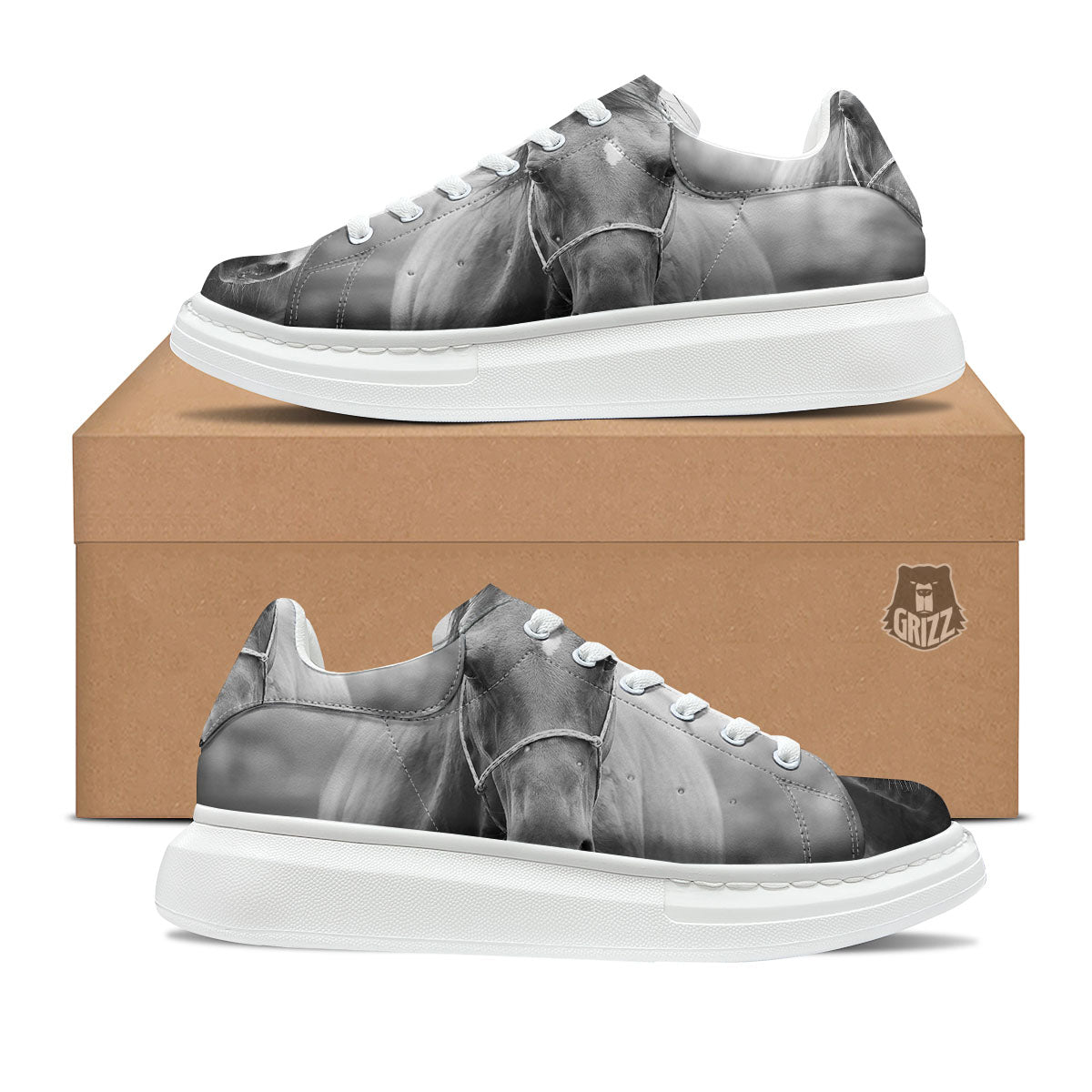 Horse Monochrome Print Platform Shoes-grizzshop