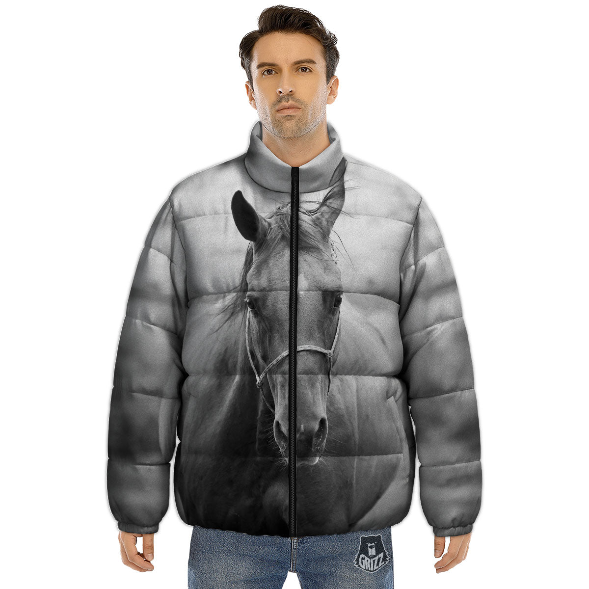 Horse Monochrome Print Puffer Jacket-grizzshop