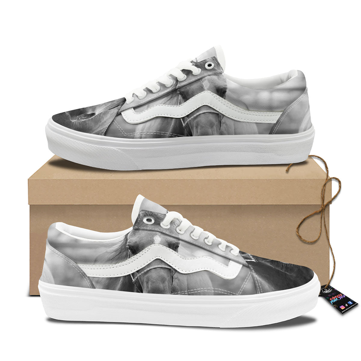 Horse Monochrome Print Skate Shoes-grizzshop