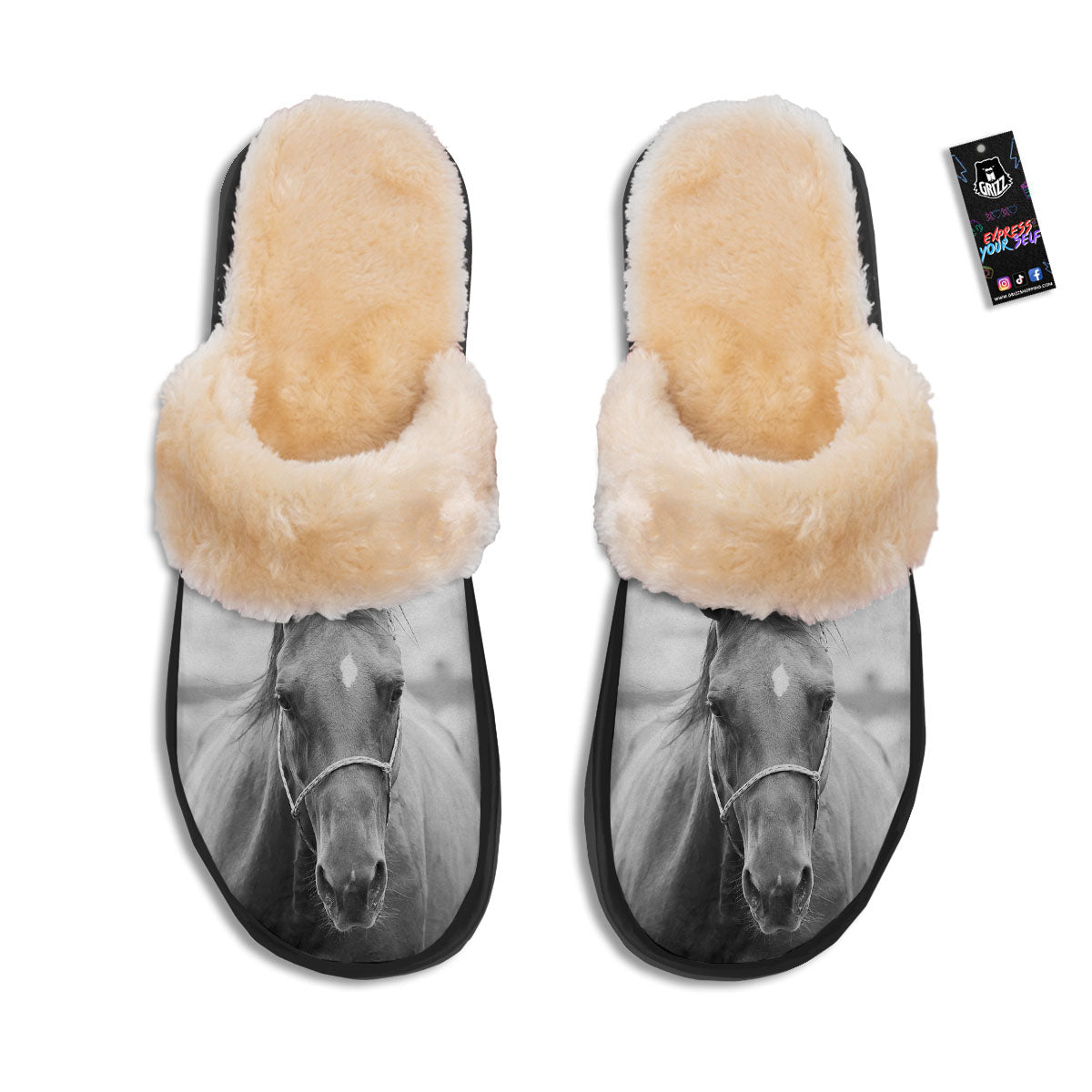 Horse Monochrome Print Slippers-grizzshop
