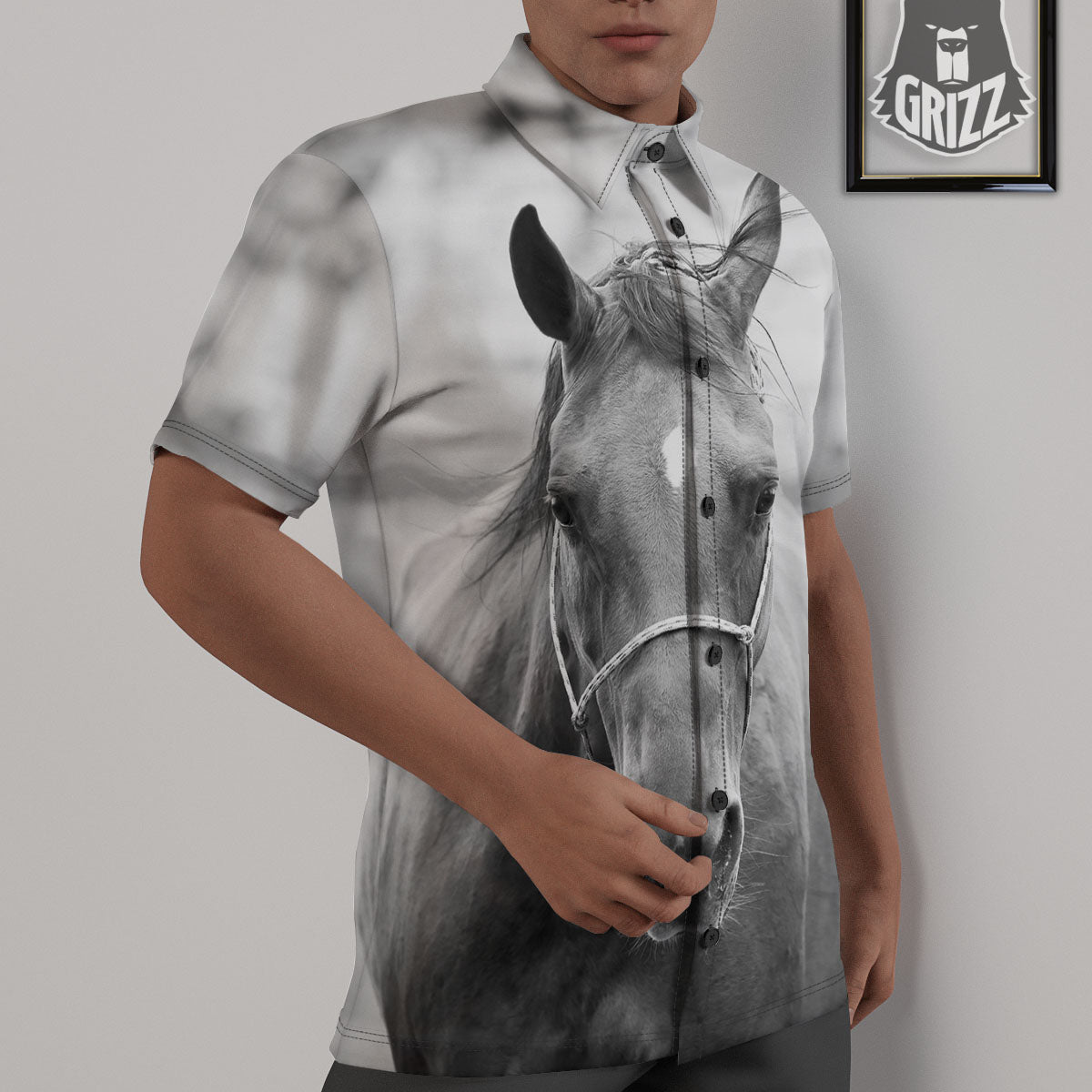 Horse Monochrome Print Untucked Shirts-grizzshop