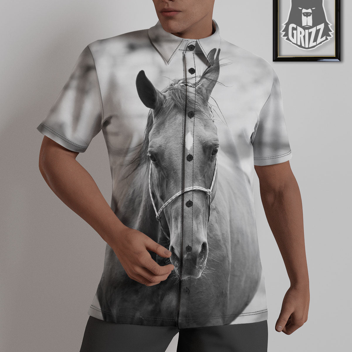 Horse Monochrome Print Untucked Shirts-grizzshop