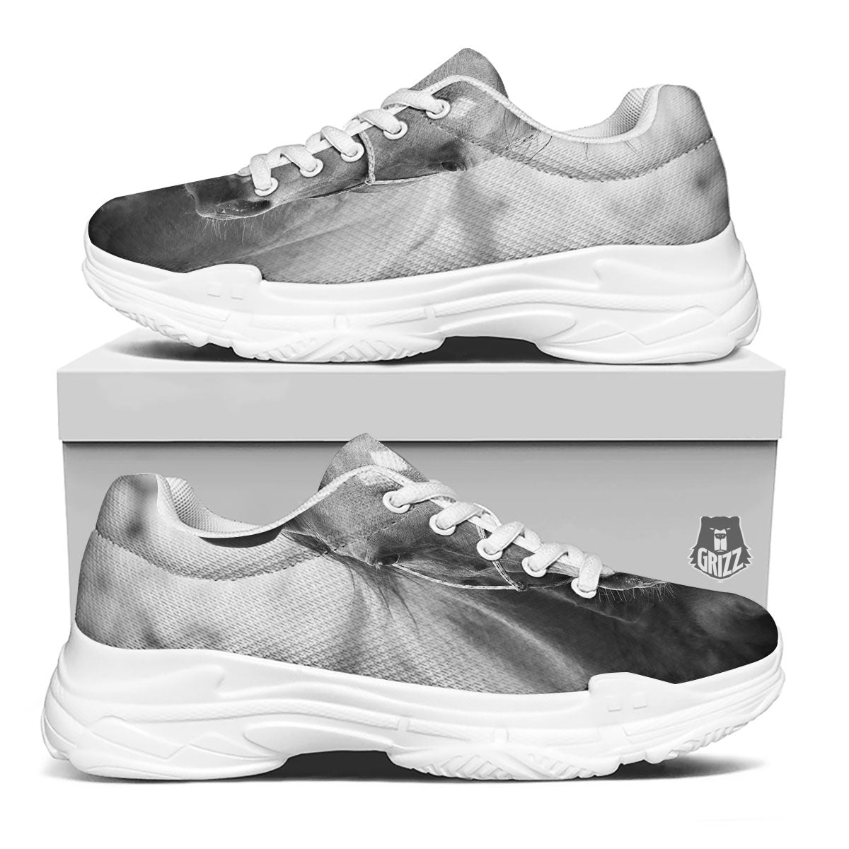 Horse Monochrome Print White Chunky Shoes-grizzshop