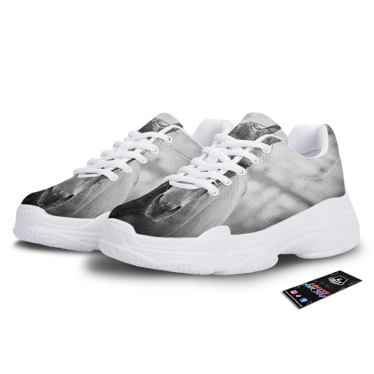Horse Monochrome Print White Chunky Shoes-grizzshop
