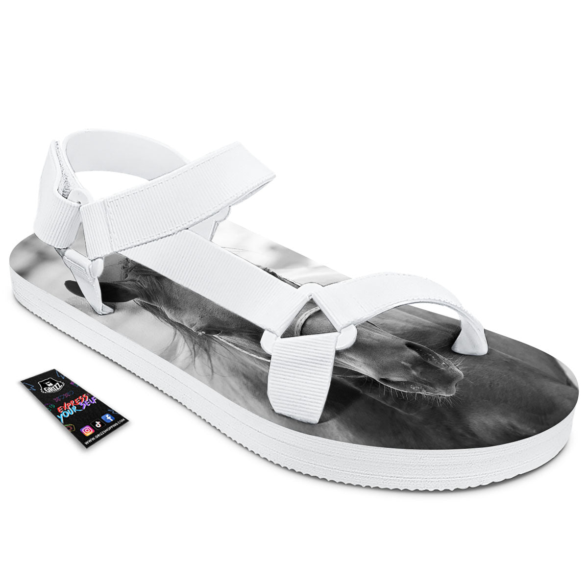 Horse Monochrome Print White Open Toe Sandals-grizzshop