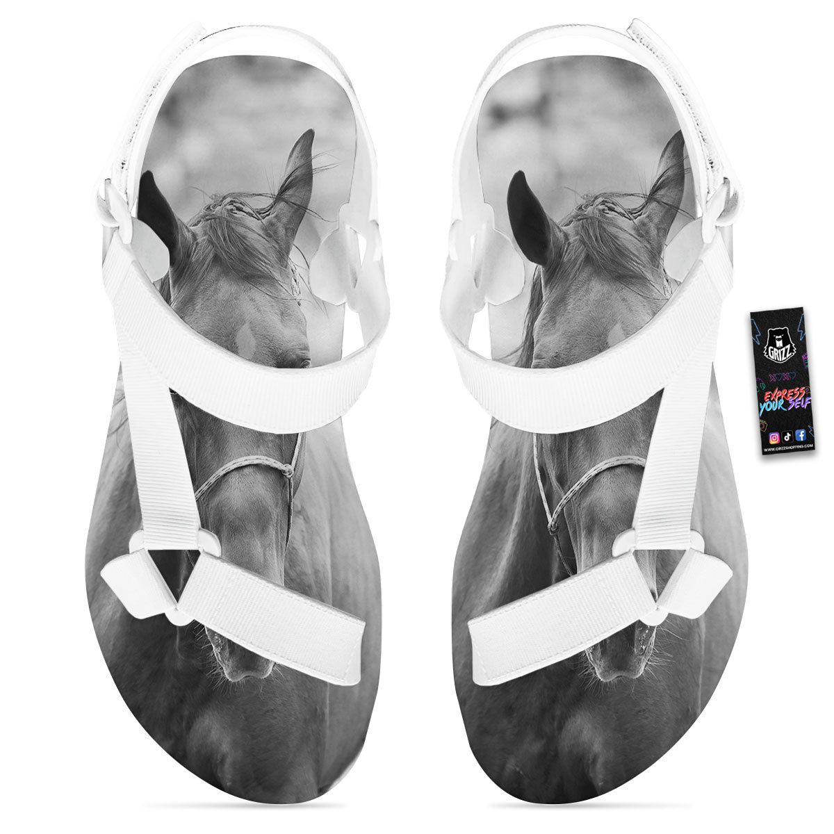 Horse Monochrome Print White Open Toe Sandals-grizzshop