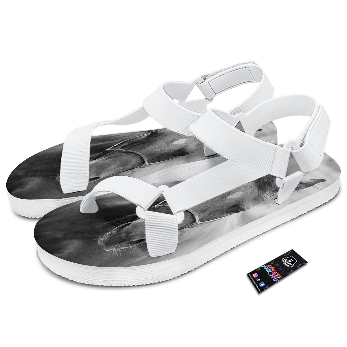 Horse Monochrome Print White Open Toe Sandals-grizzshop