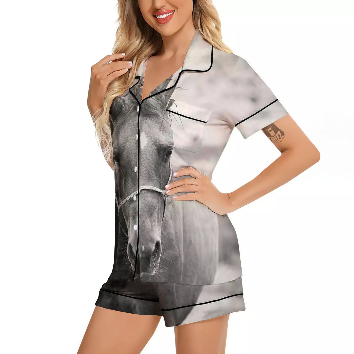 Horse Monochrome Print Women Silk Pajamas-grizzshop